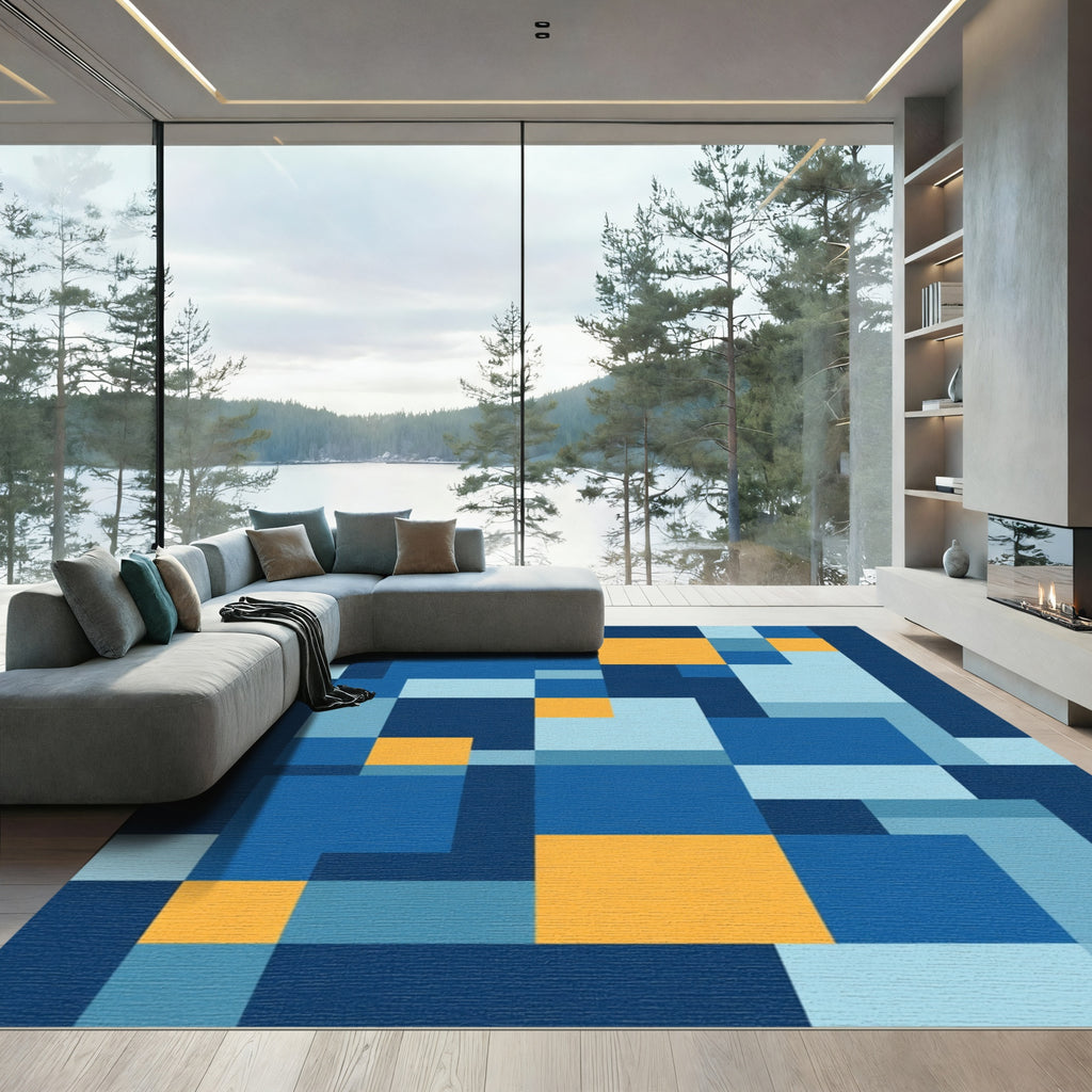 Abstract Geometric Blue Gold Squares Rug