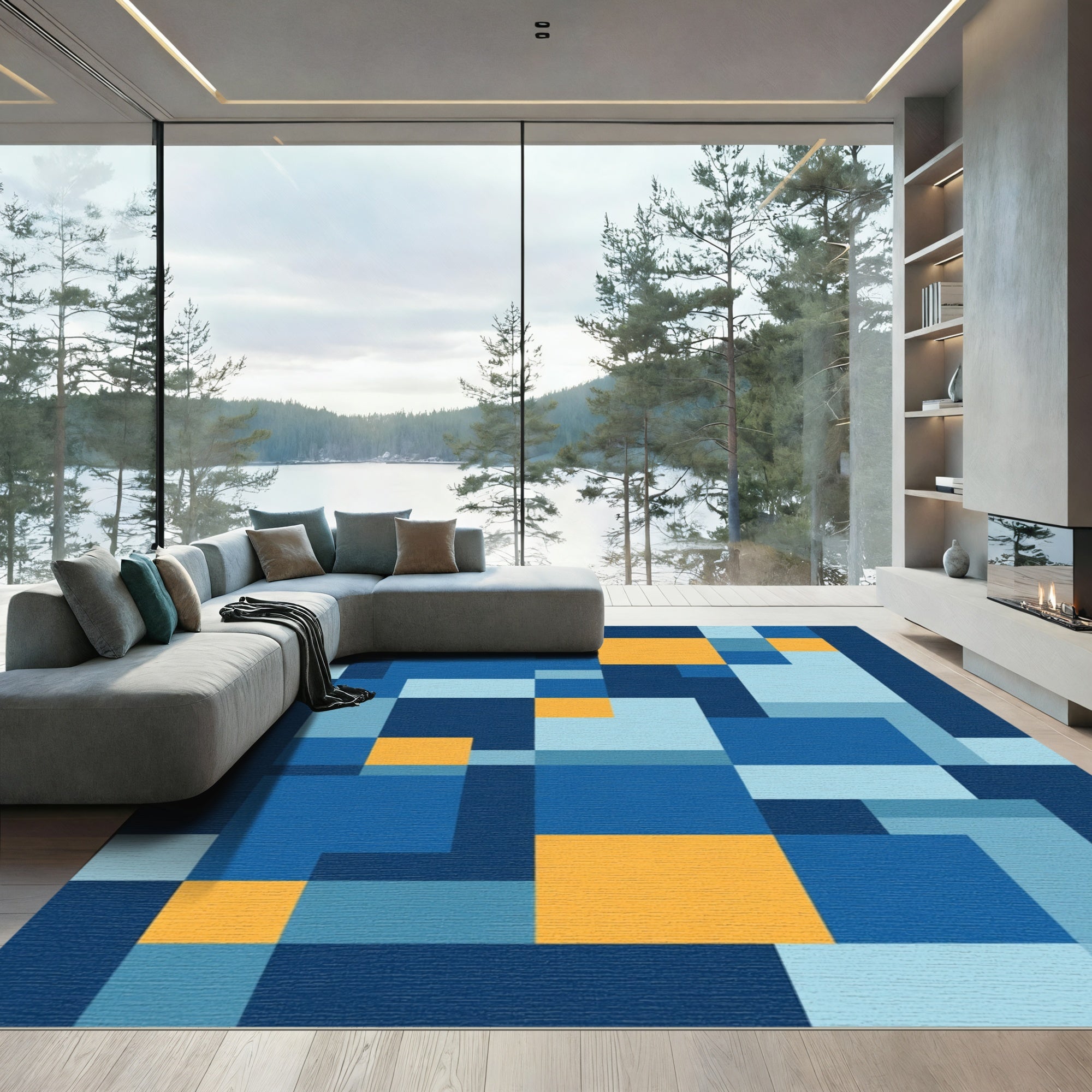 Abstract Geometric Blue Gold Squares Rug