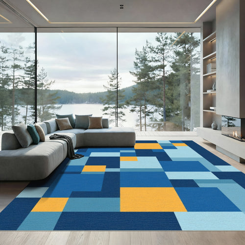 Abstract Geometric Blue Gold Squares Rug