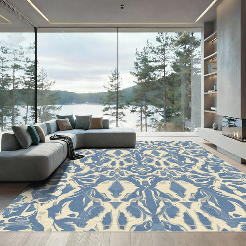 Blue Ivory Distorted Floral Tapestry Rug