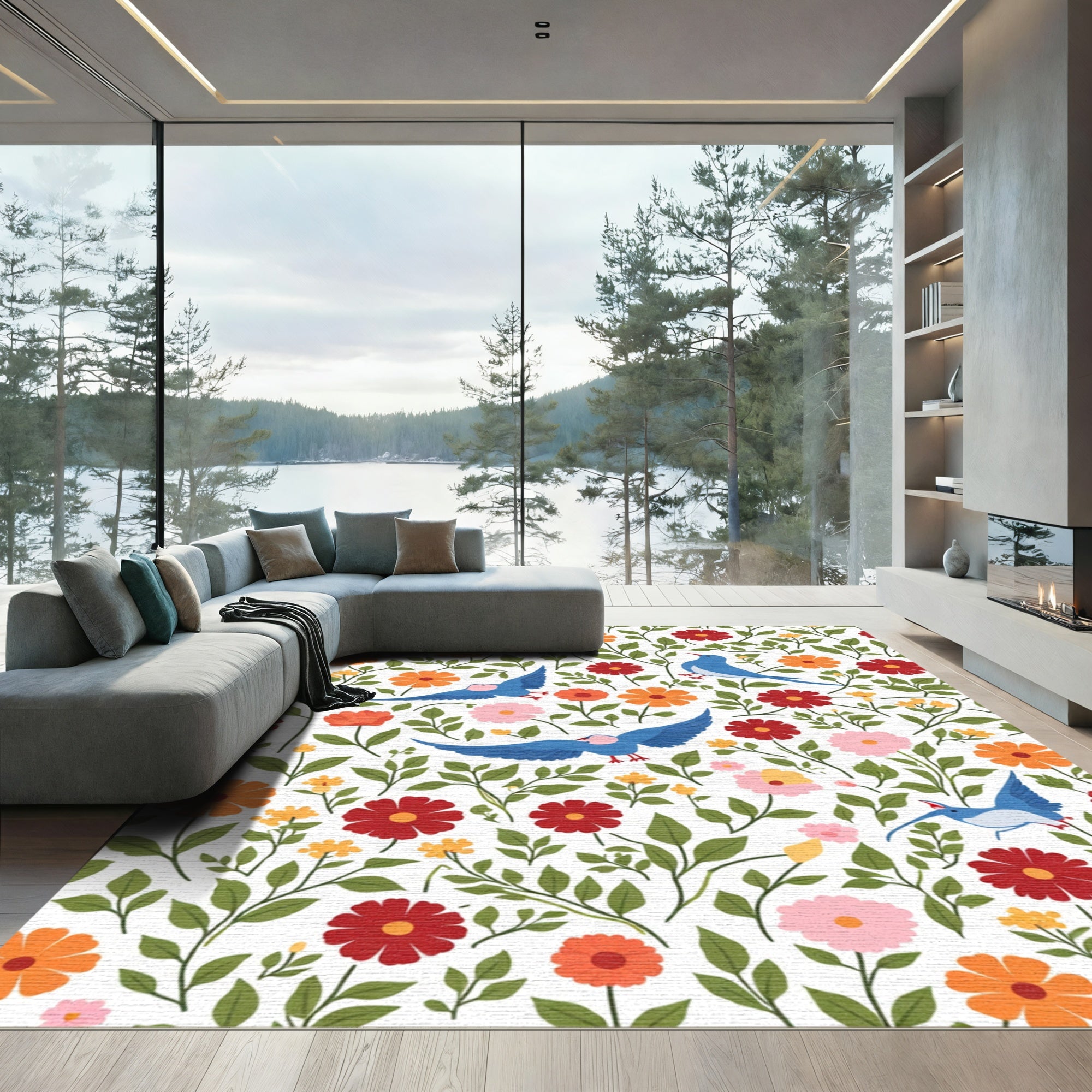 Blue Birds Among Colorful Garden Blooms Rug