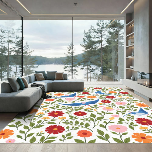 Blue Birds Among Colorful Garden Blooms Rug