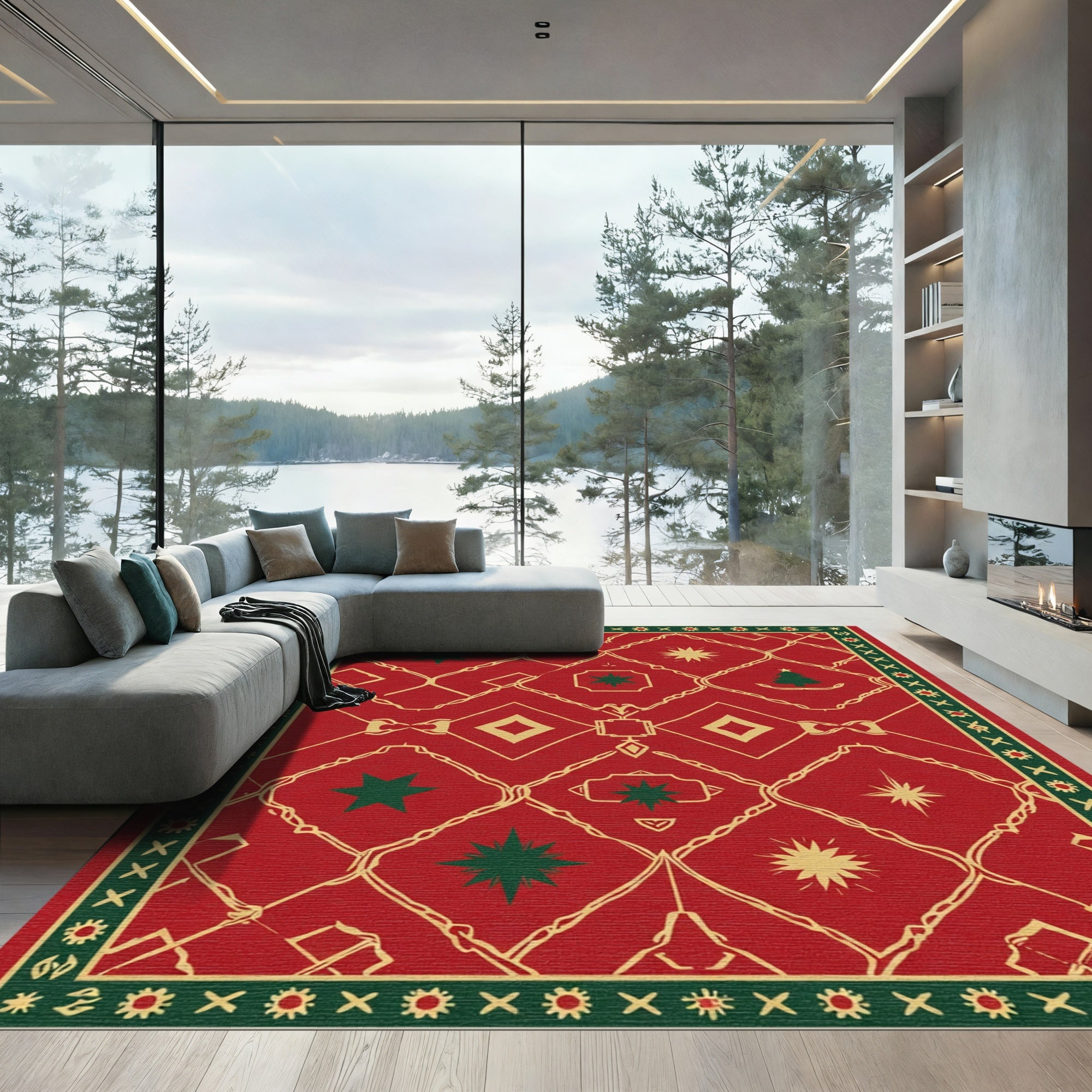 Crimson Gold Star Geometric Border Rug