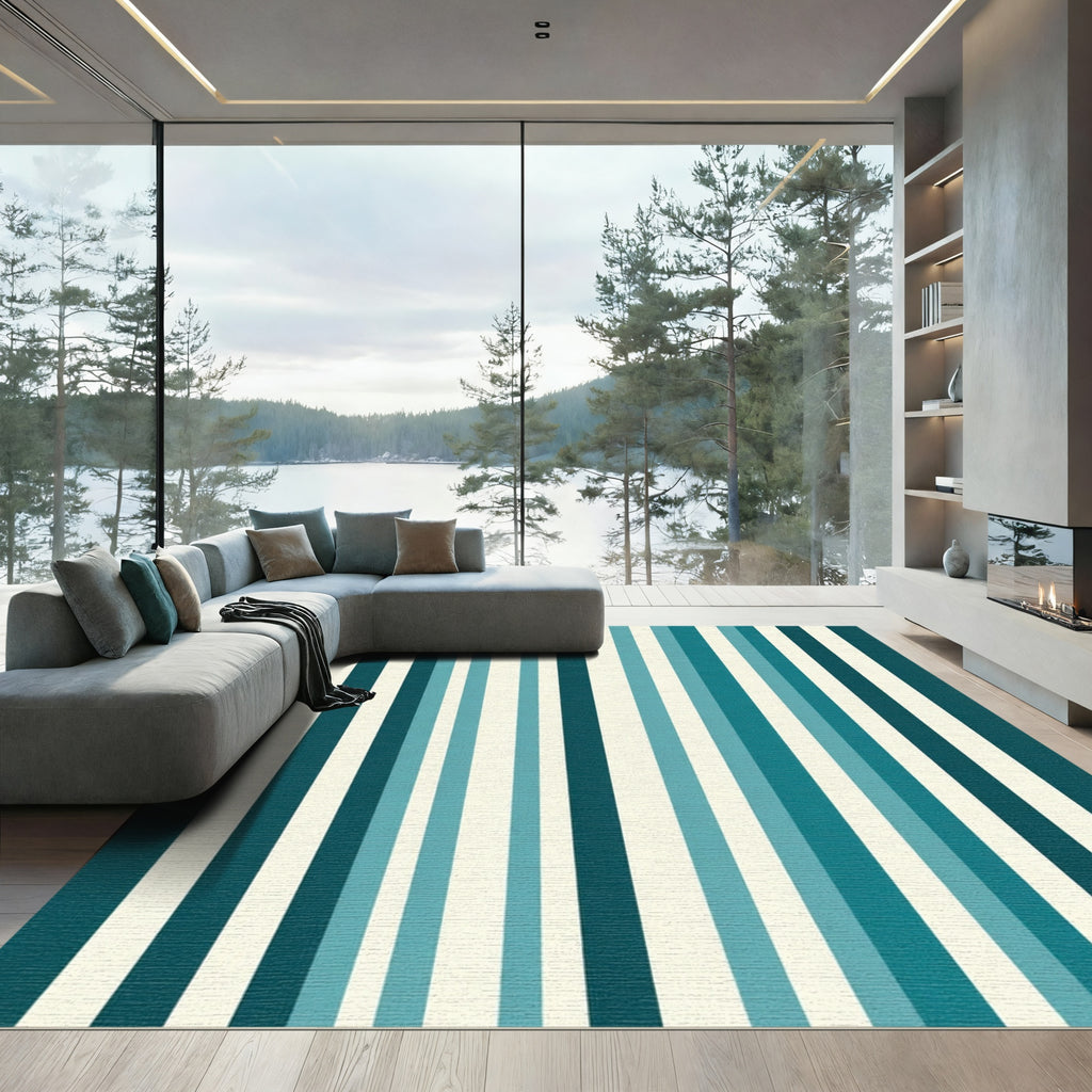 Teal Cream Striped Vertical Bands Rug