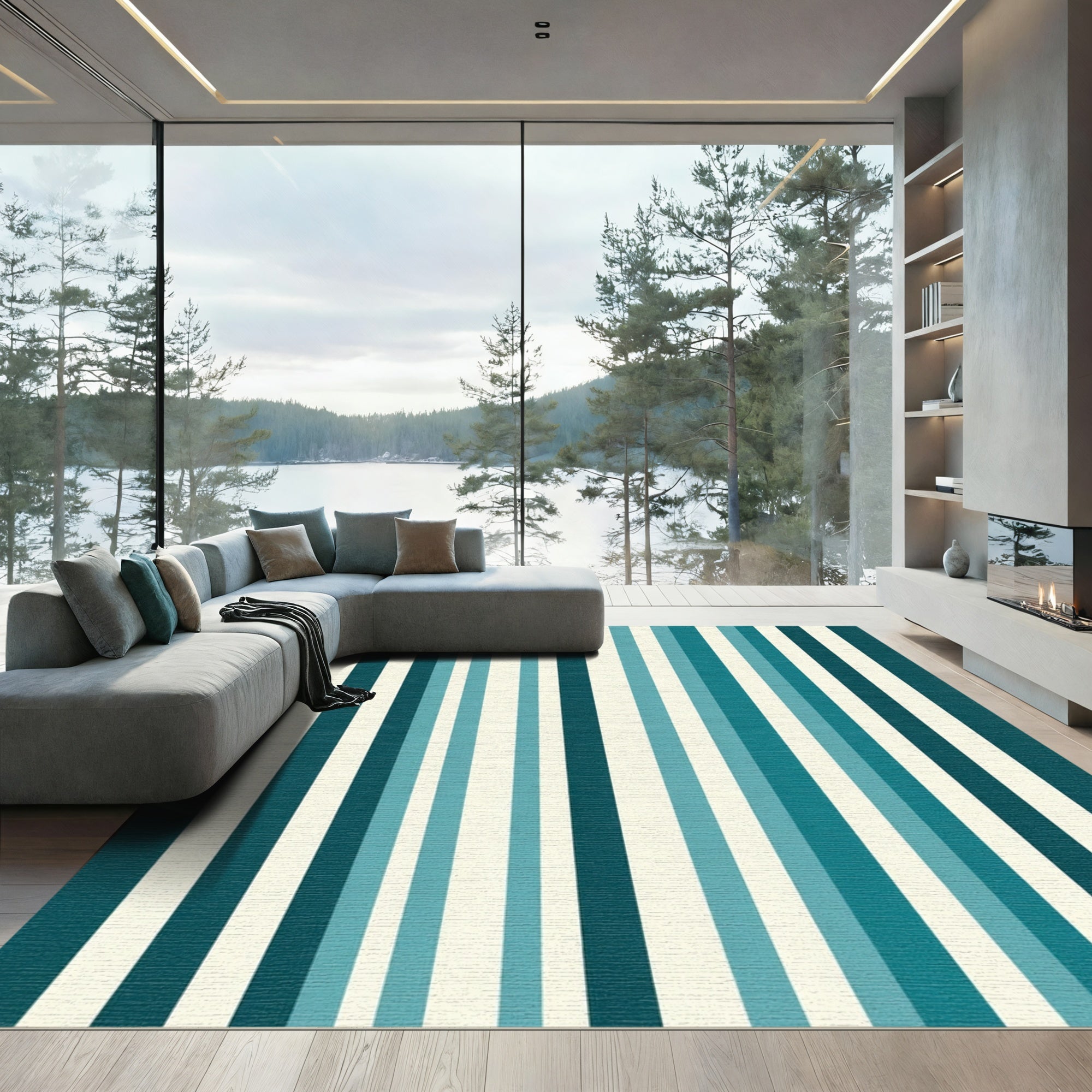 Teal Cream Striped Vertical Bands Rug