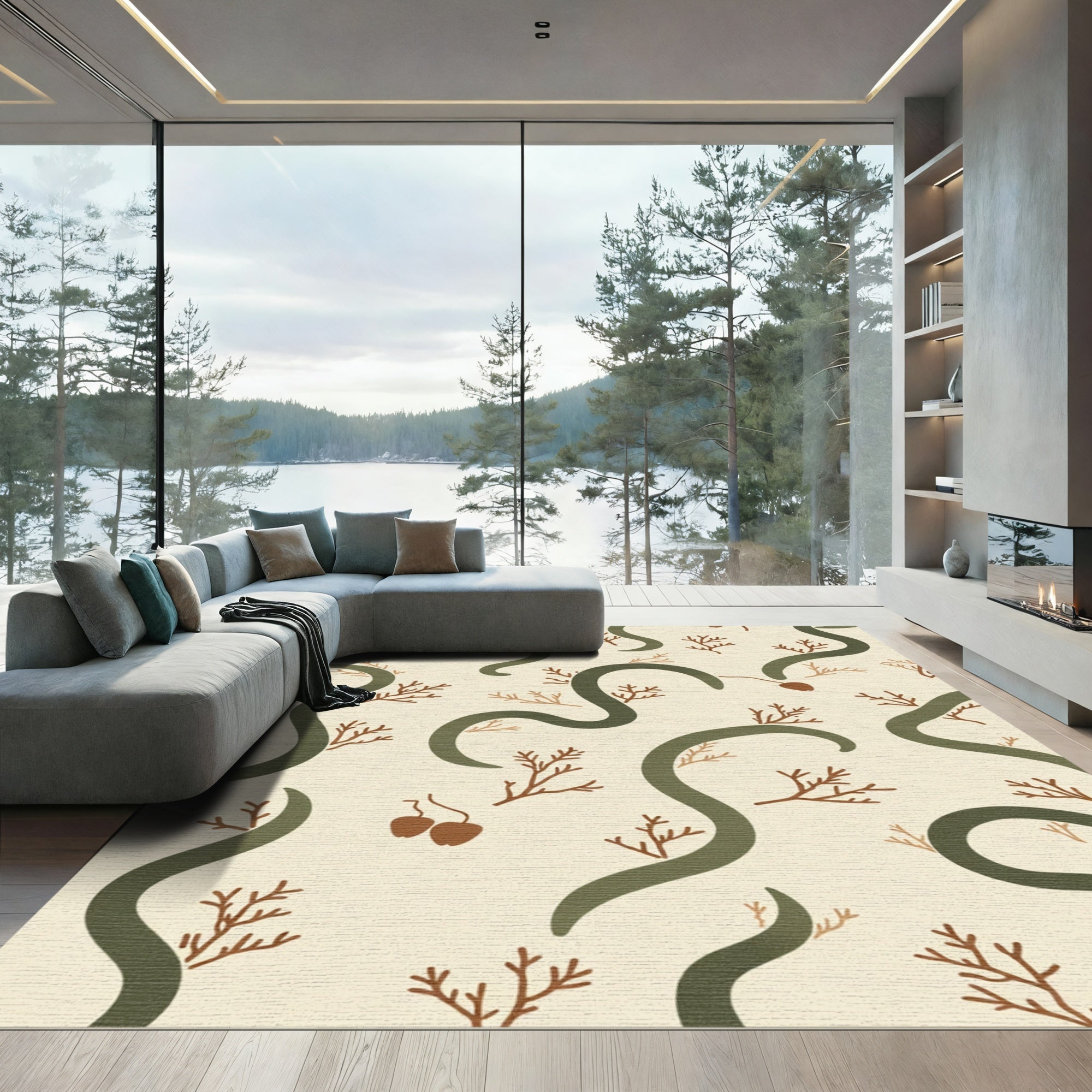 Olive Green Vine Branches Cream Accent Rug