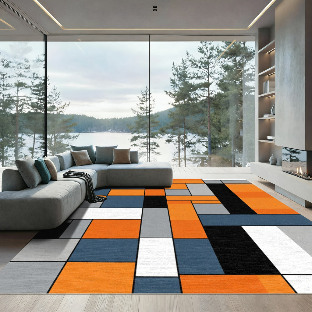 Abstract Grid Orange Teal Black Rug
