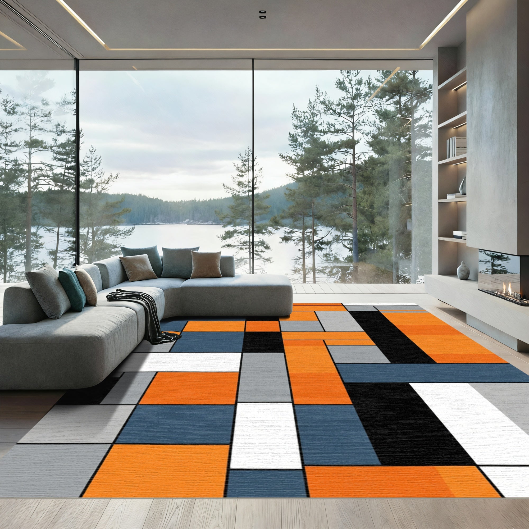 Abstract Grid Orange Teal Black Rug