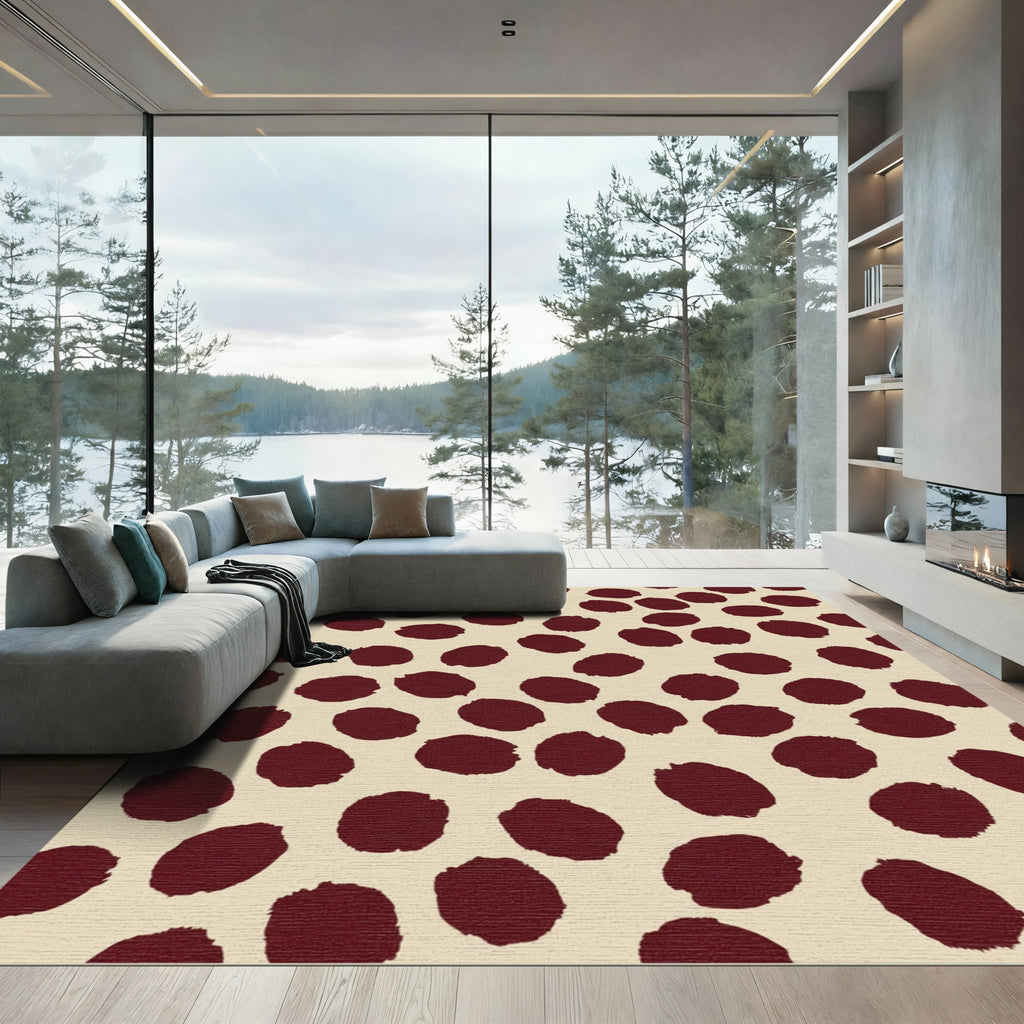 Deep Red Spotted Cream Artwork Rug