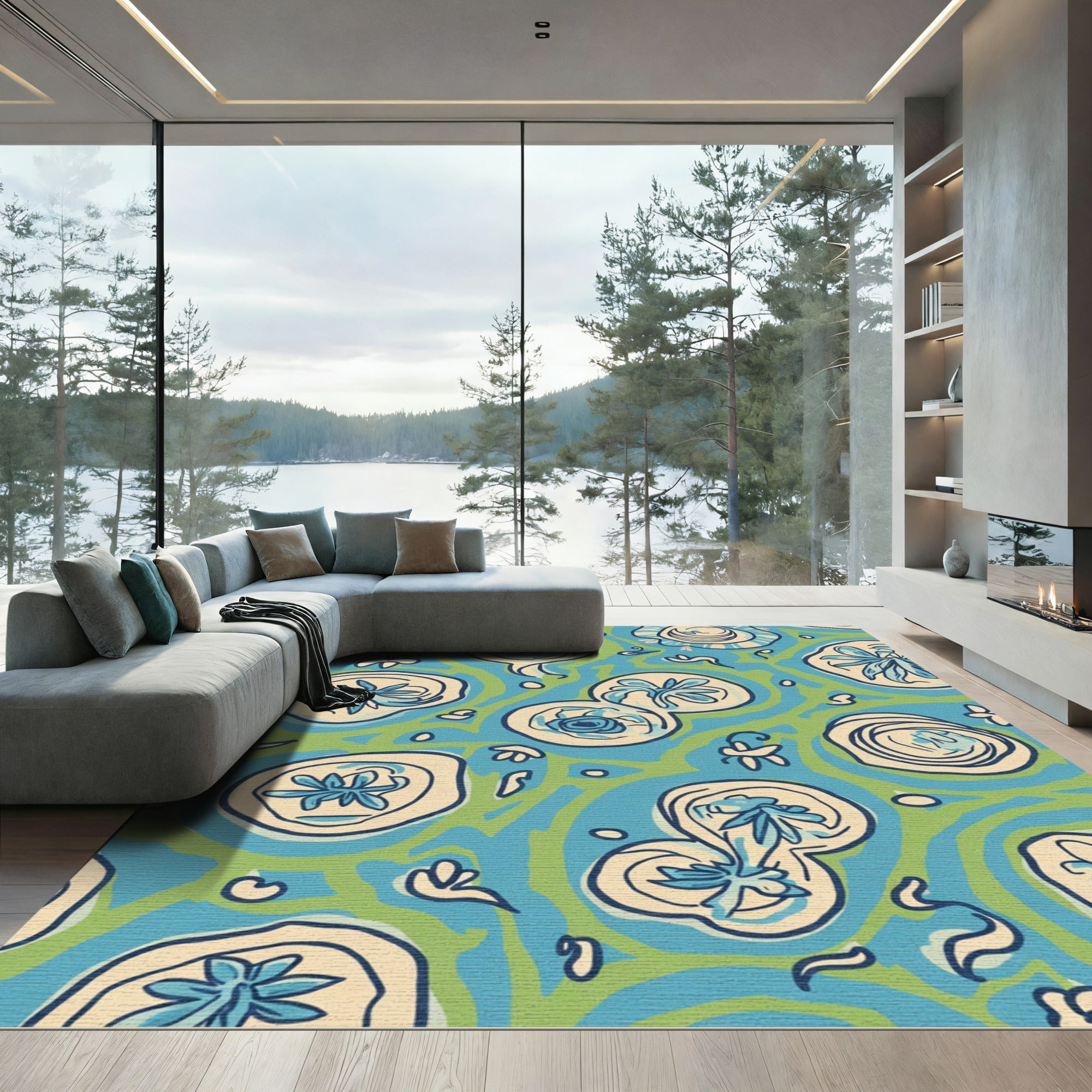 Whimsical Blue and Green Organic Floral Rug