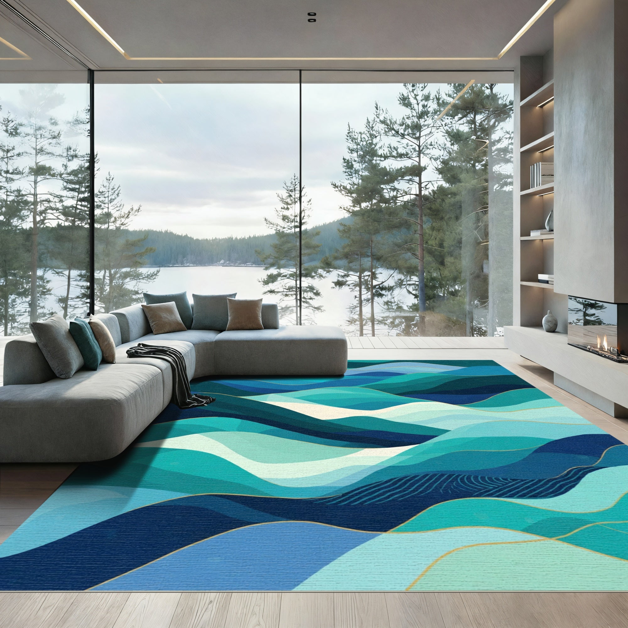 Oceanic Blue Green Wavy Landscape Rug