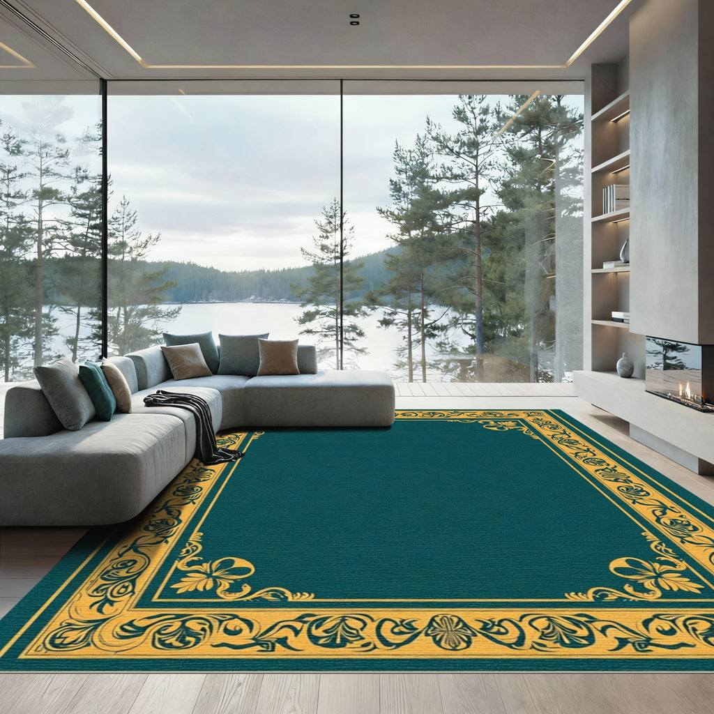 Teal Gold Ornate Floral Border Rug