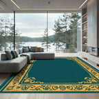 Teal Gold Ornate Floral Border Rug