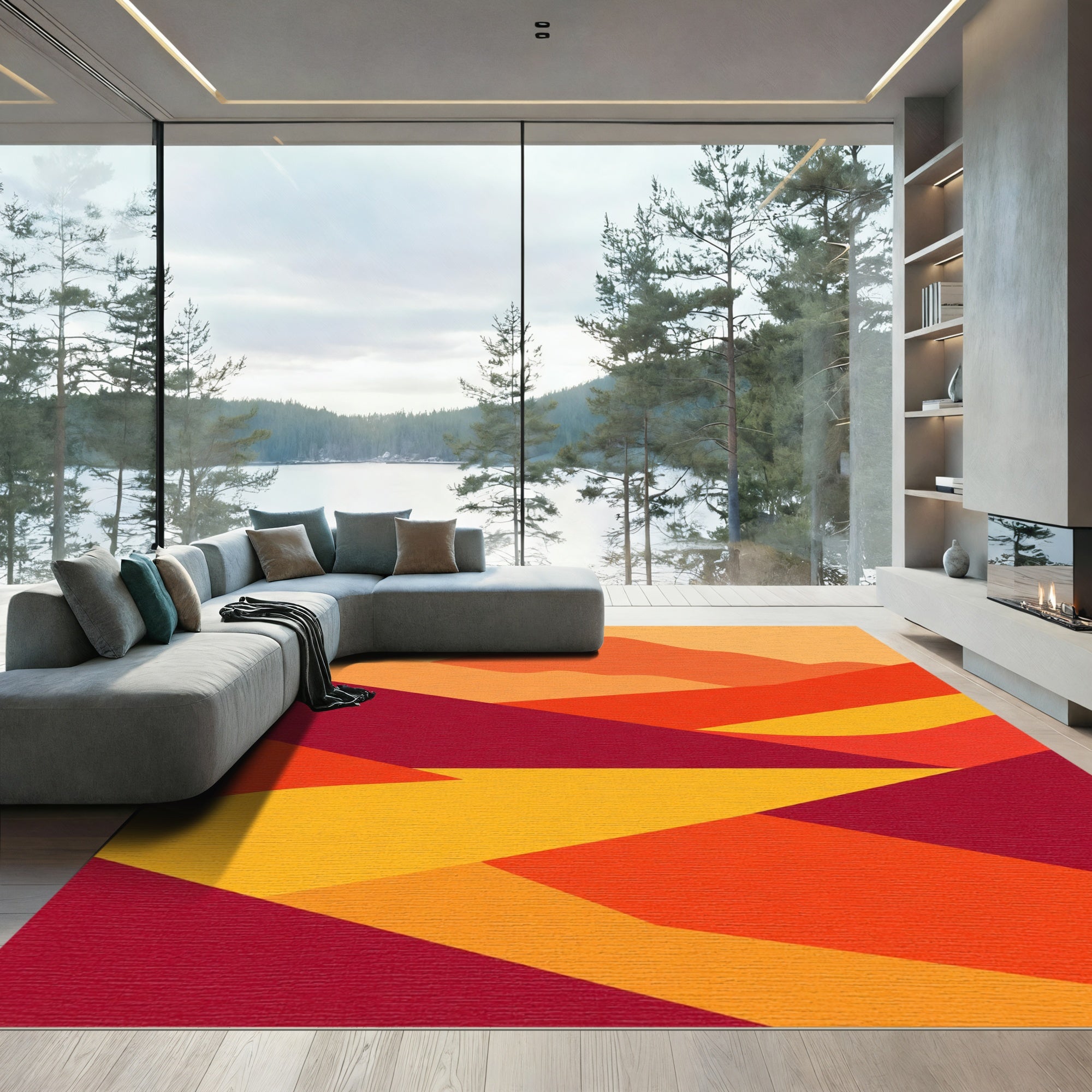 Crimson Mountain Sunset Abstract Landscape Rug