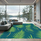 Green Palm Fronds Teal Background Rug