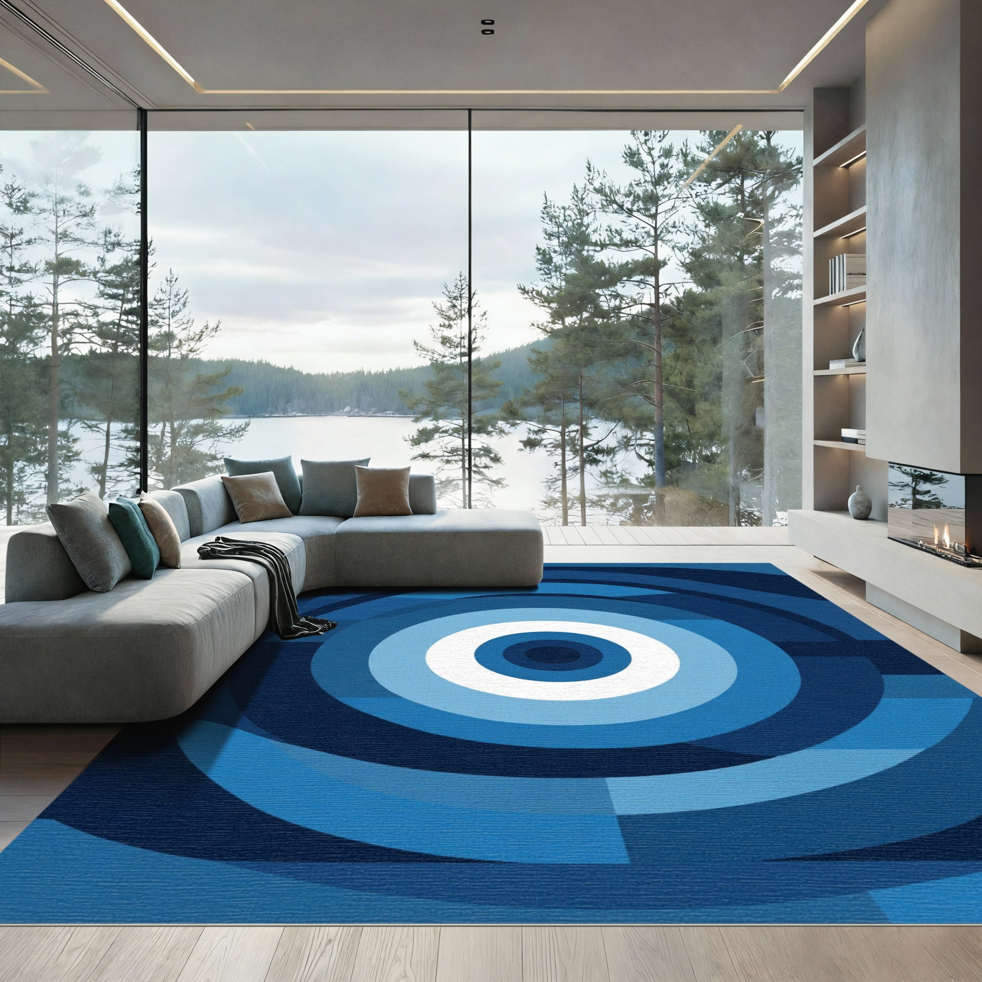 Deep Blue Concentric Circles Rug
