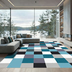 Aqua Gray Black White Checkered Squares Rug