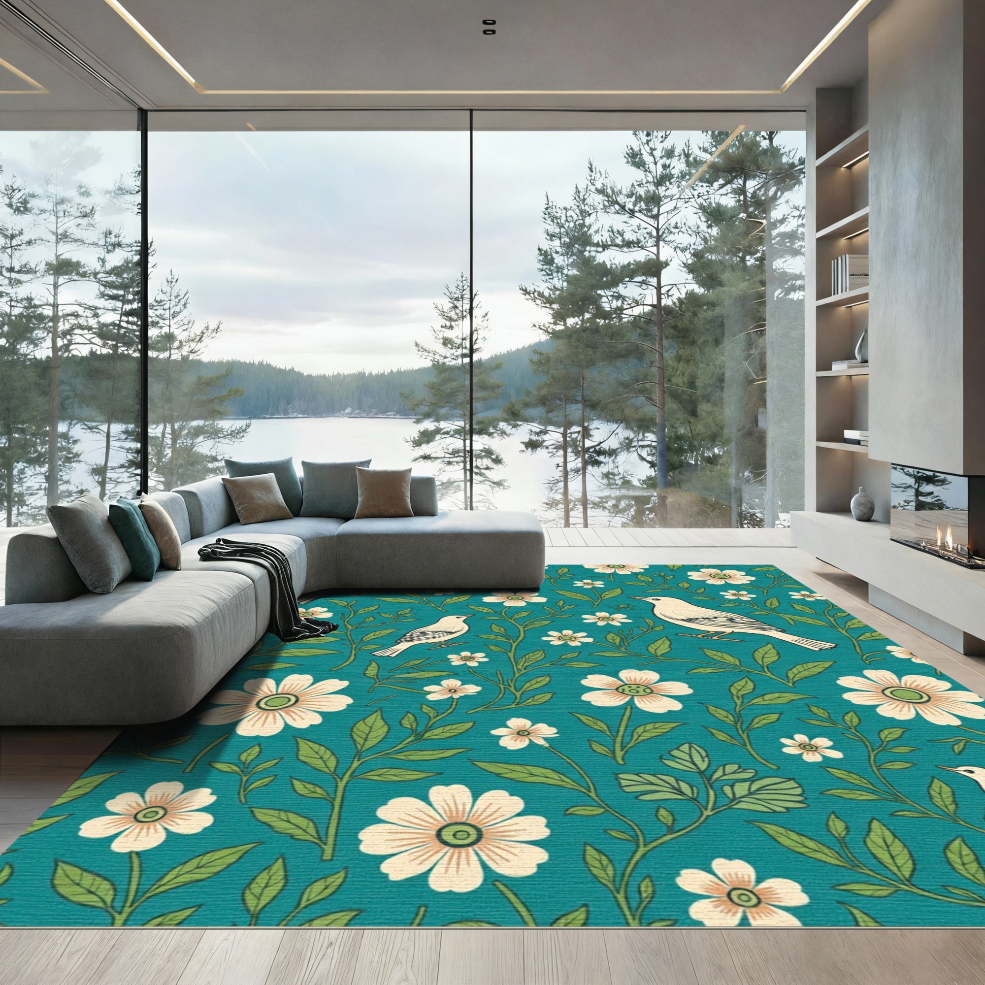 Teal Cream Bird Floral Garden Rug