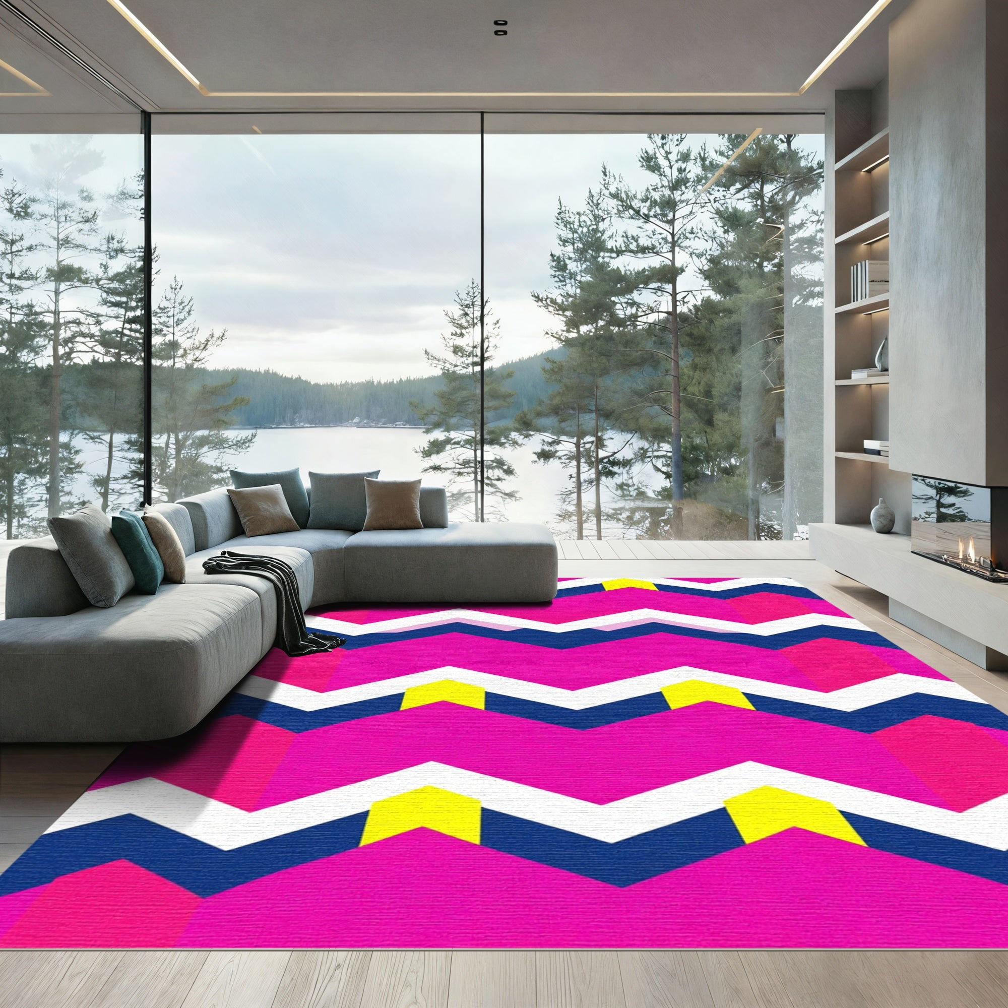 Vibrant Pink Geometric Chevron Rug