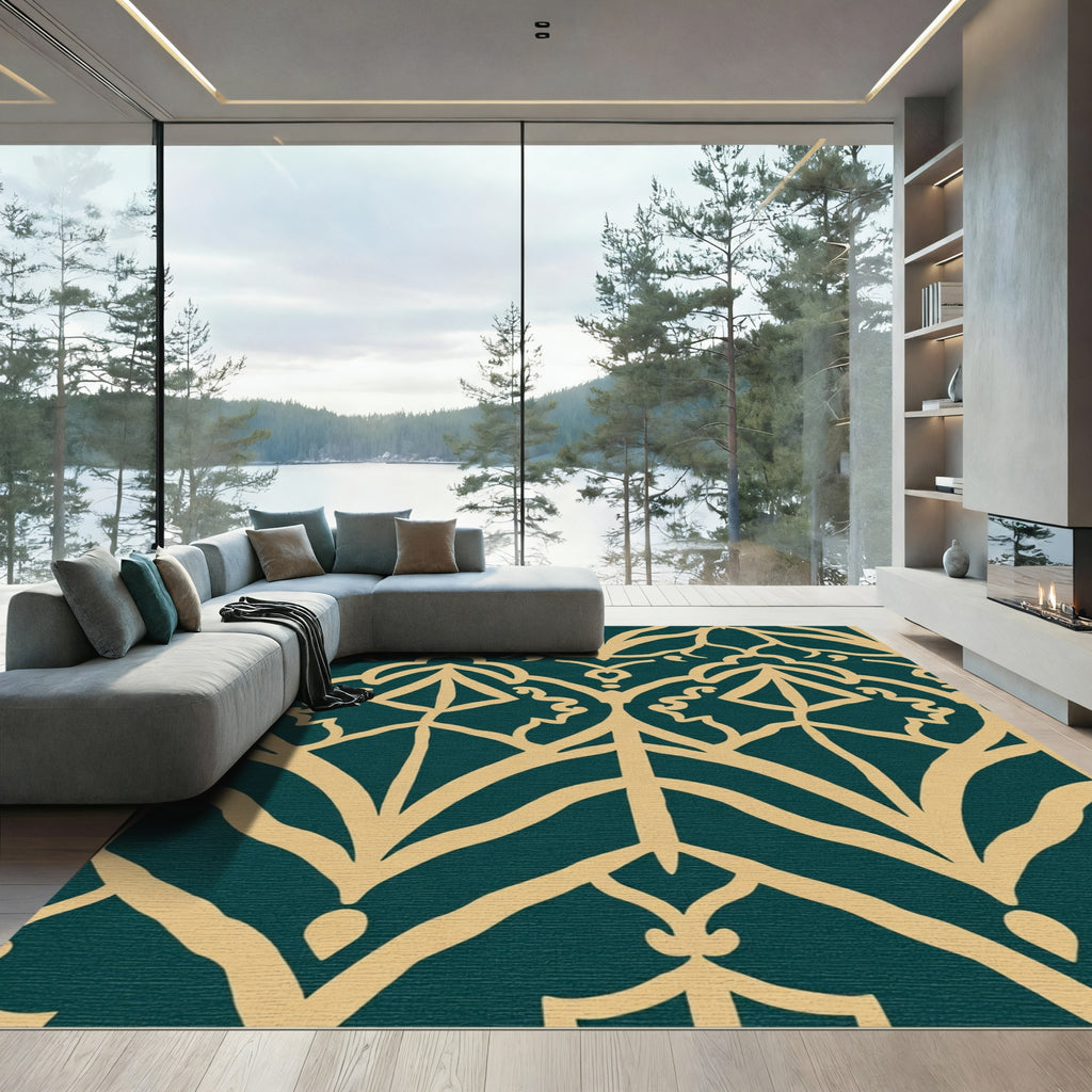 Teal Gold Art Deco Scroll Rug