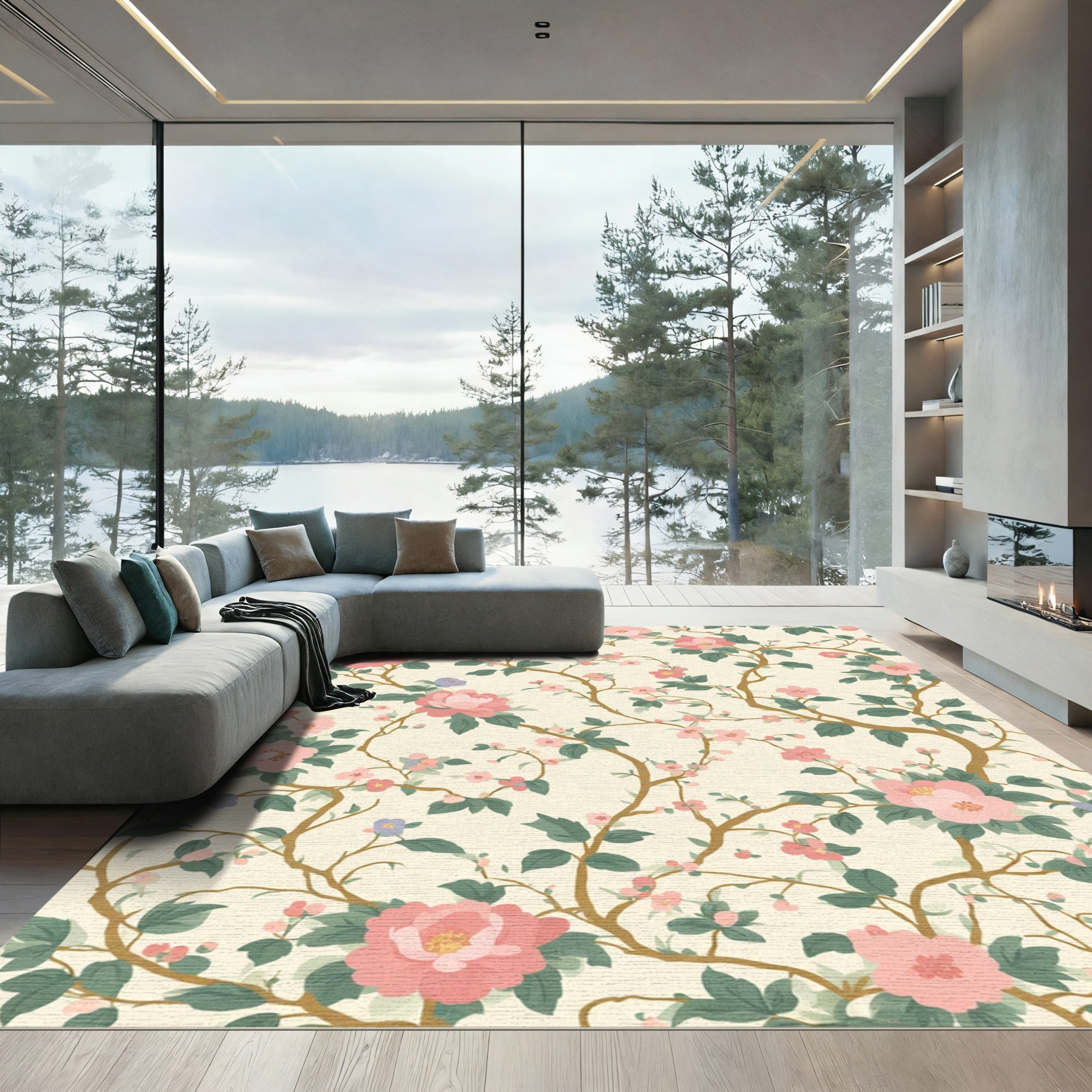 Pink Floral Branch Cream Background Rug