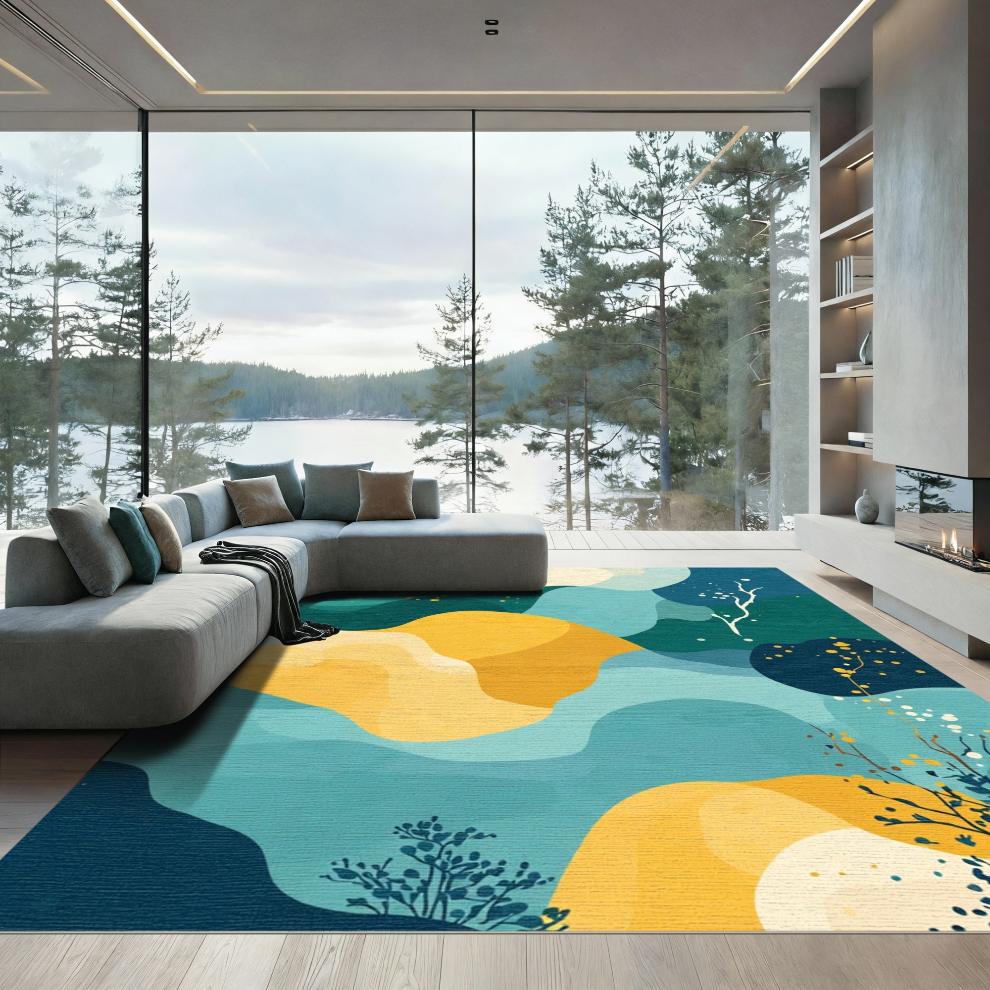 Oceanic Abstract Teal Yellow Flow Rug