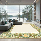 Earthy Green Floral Scroll Border Rug