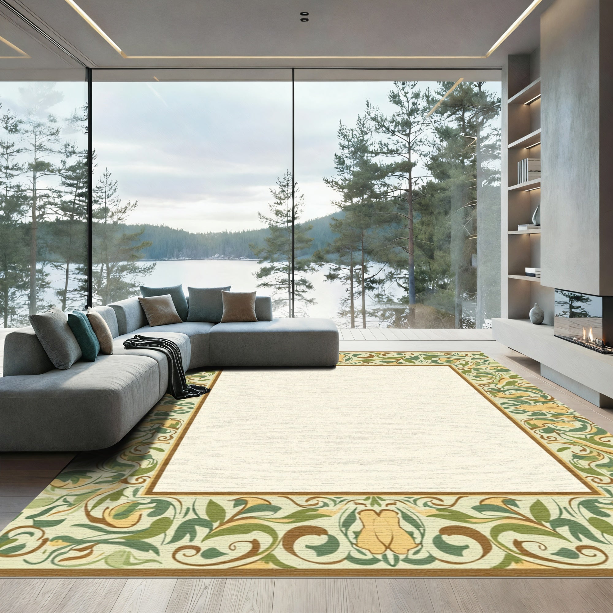 Earthy Green Floral Scroll Border Rug