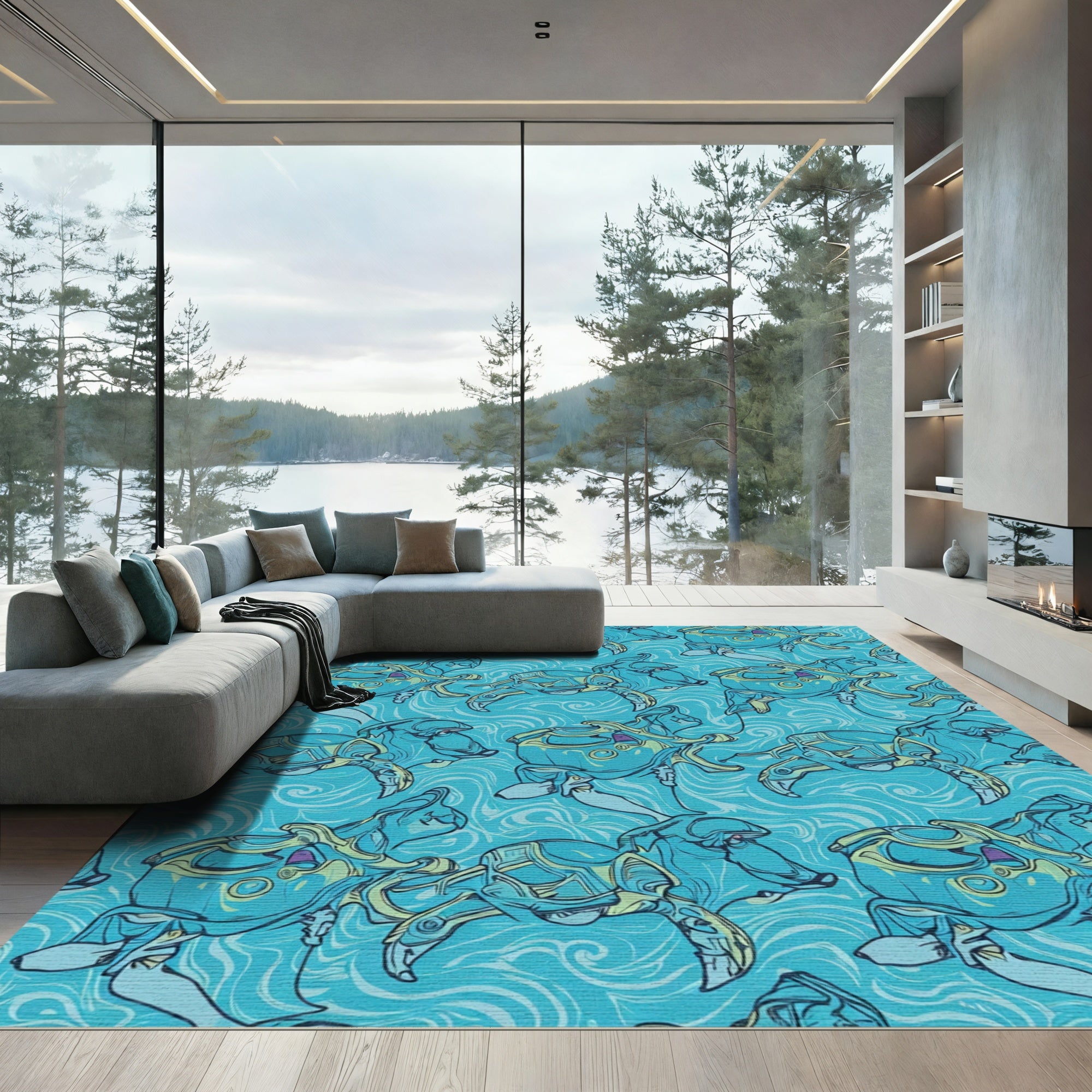 Whimsical Teal Sea Turtle Creatures Rug