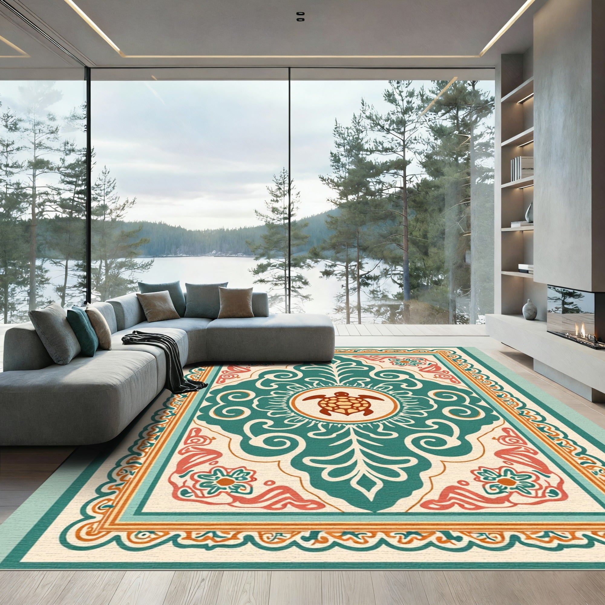 Coastal Teal Turtle Medallion Rug
