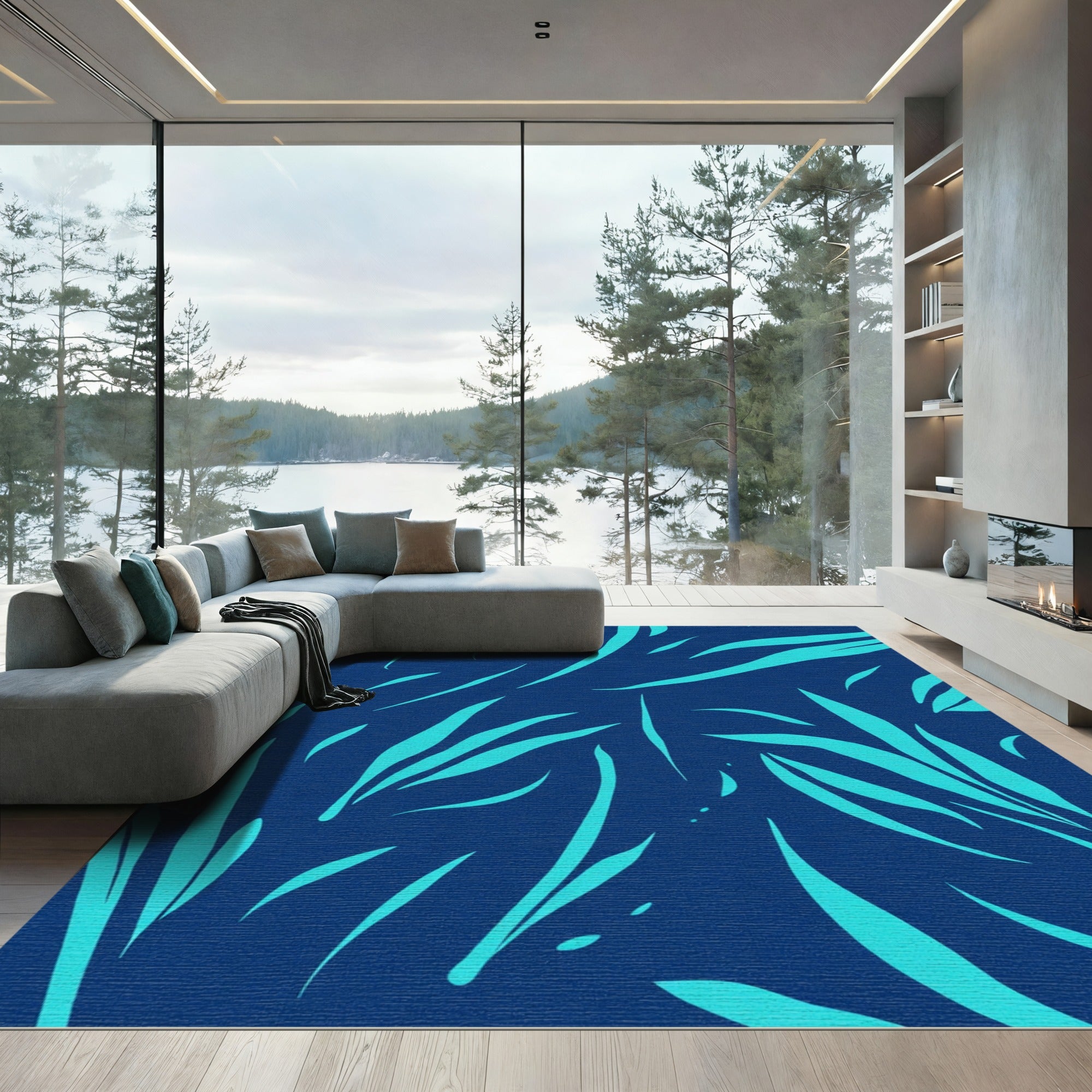 Aqua Strokes On Deep Blue Canvas Rug