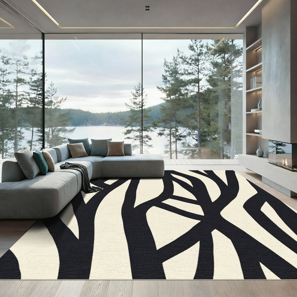 Bold Black Abstract Wavy Lines Rug