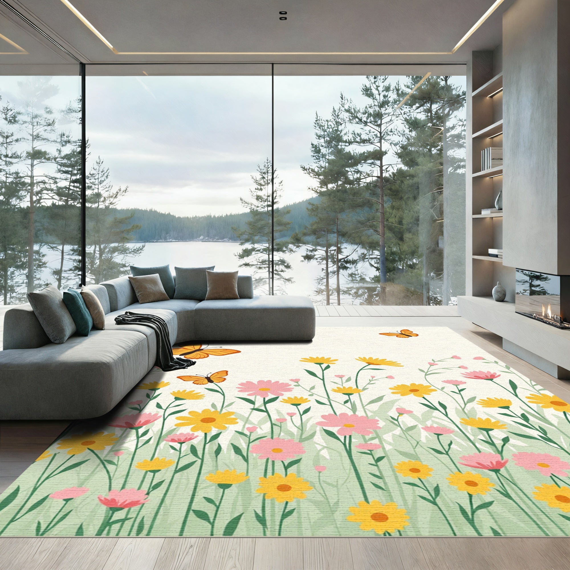 Whimsical Orange Butterfly Garden Rug