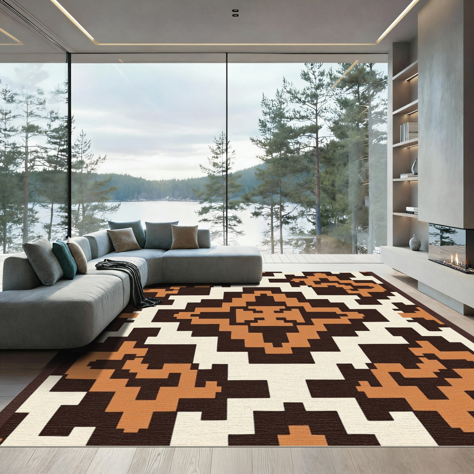 Retro Navajo Geometric Terracotta Rug
