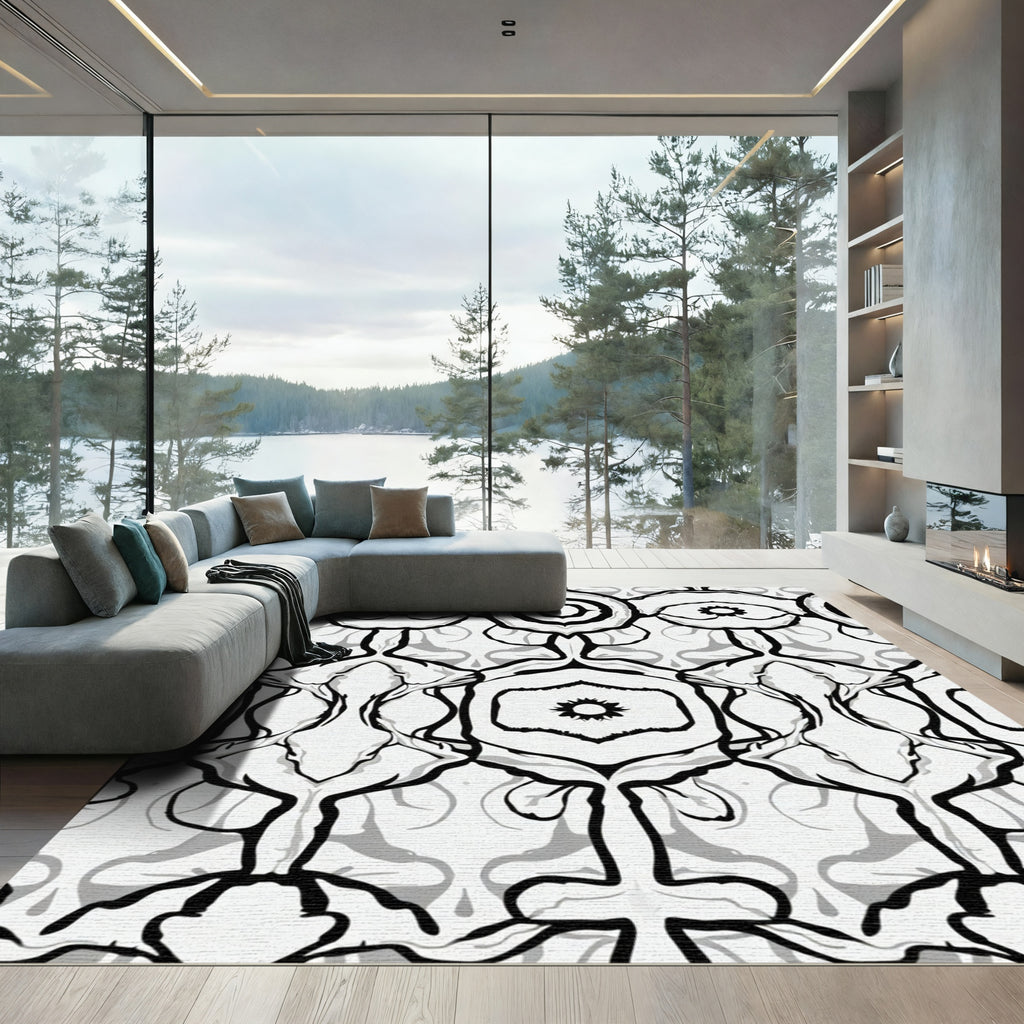 Monochromatic Symmetrical Floral Art Rug