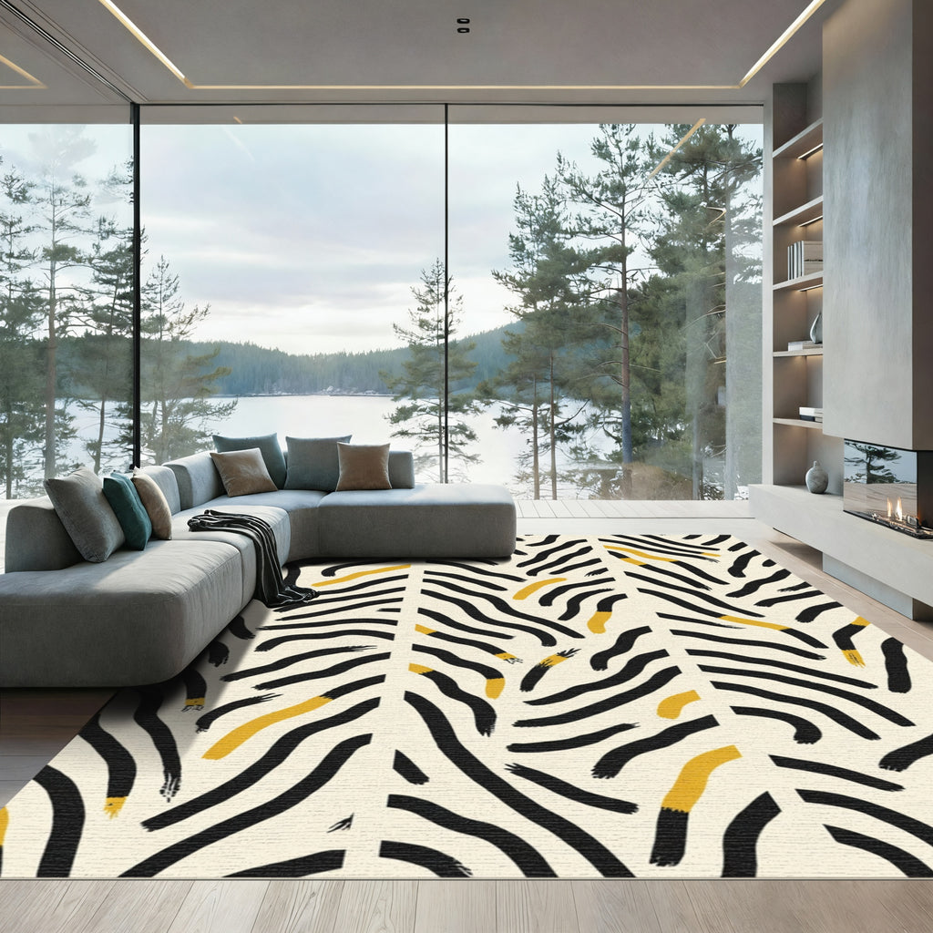 Abstract Black Gold Brushstroke Warped Lines Rug