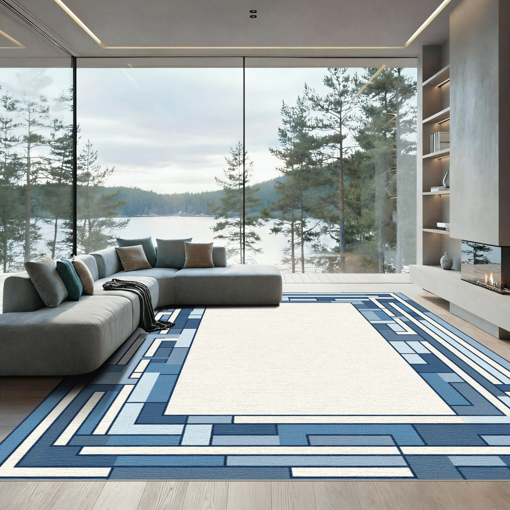 Geometric Blocks Blue Border Rug
