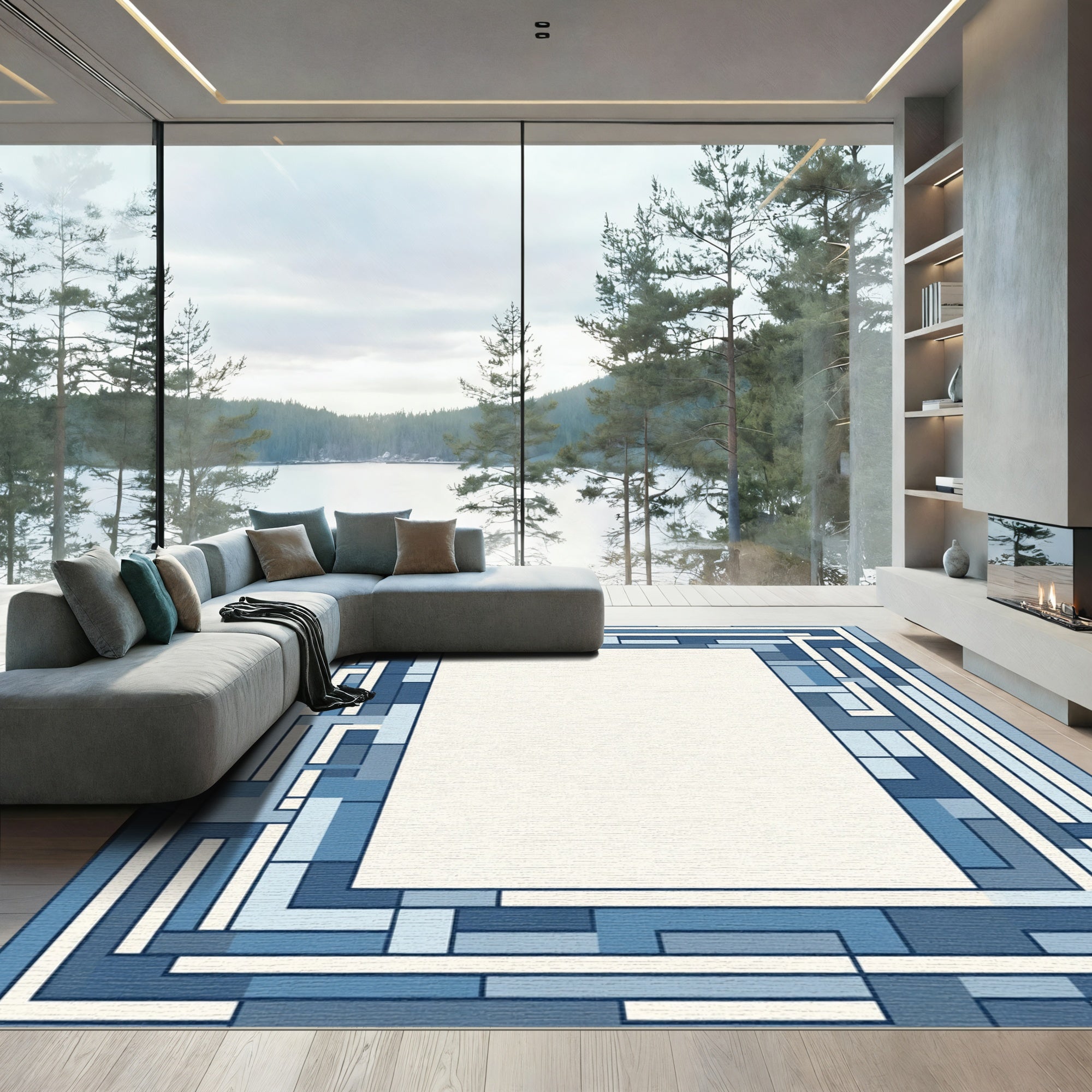 Geometric Blocks Blue Border Rug