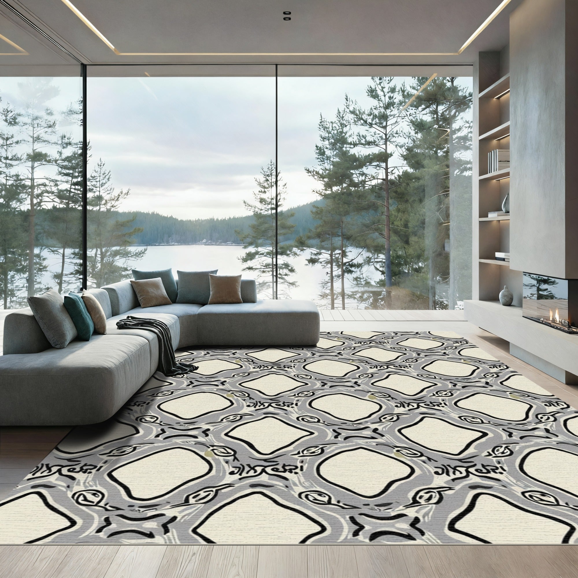 Creamy Gray Abstract Diamond Lattice Rug