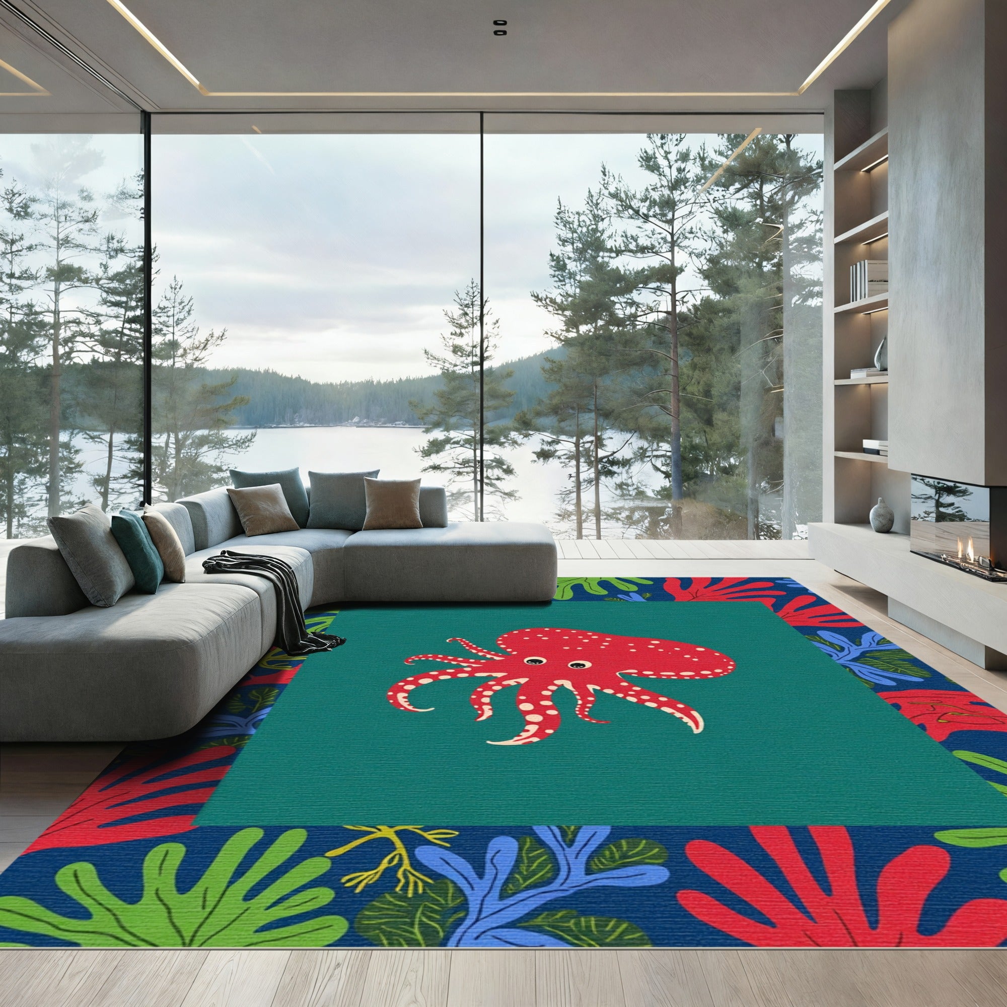 Red Octopus Coral Navy Border Rug