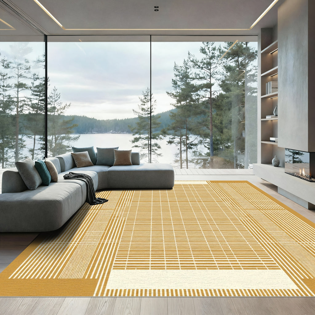 Gold Abstract Horizontal Vertical Lines Rug