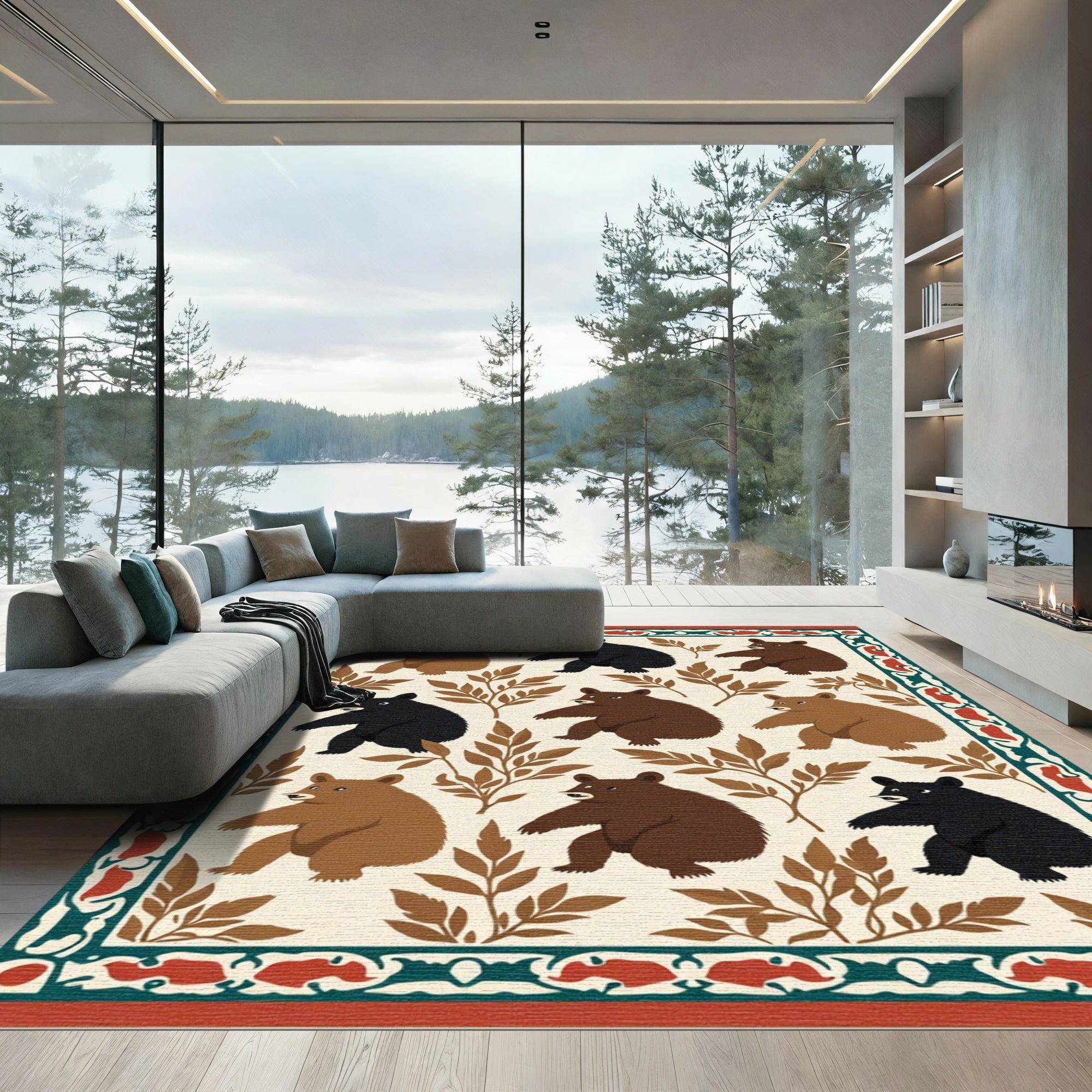 Woodland Bears Bordered Cream Illustration Rug