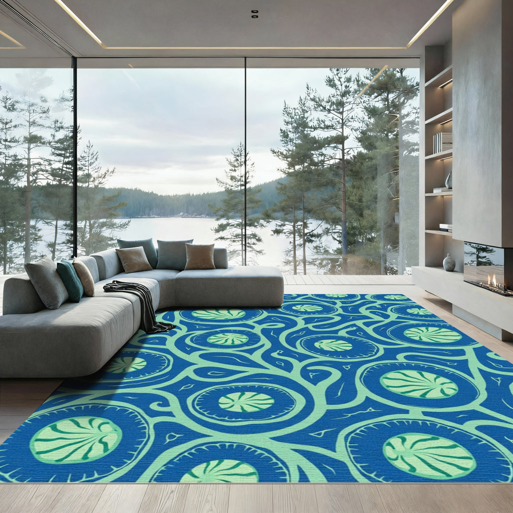 Bold Blue Teal Floral Swirl Rug