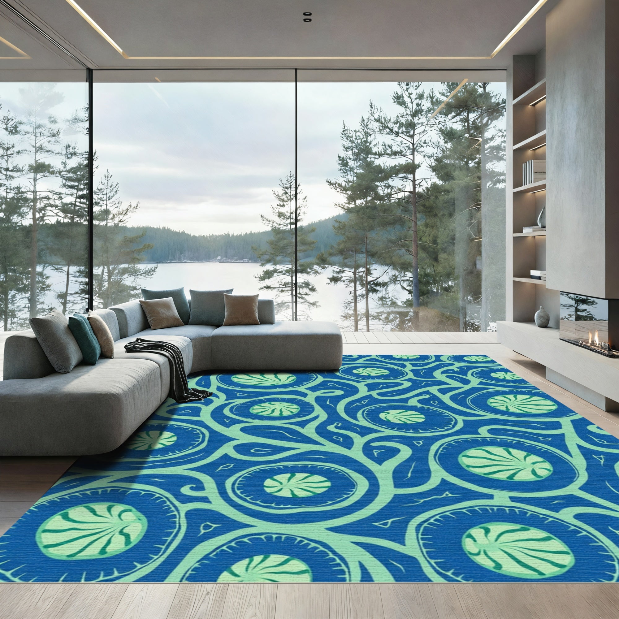 Bold Blue Teal Floral Swirl Rug