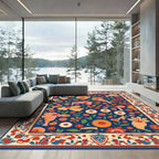 Artistic Floral Cream Border Navy Rug