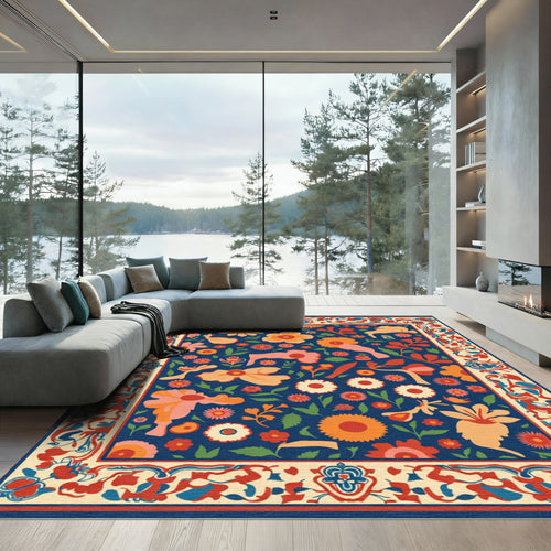 Artistic Floral Cream Border Navy Rug