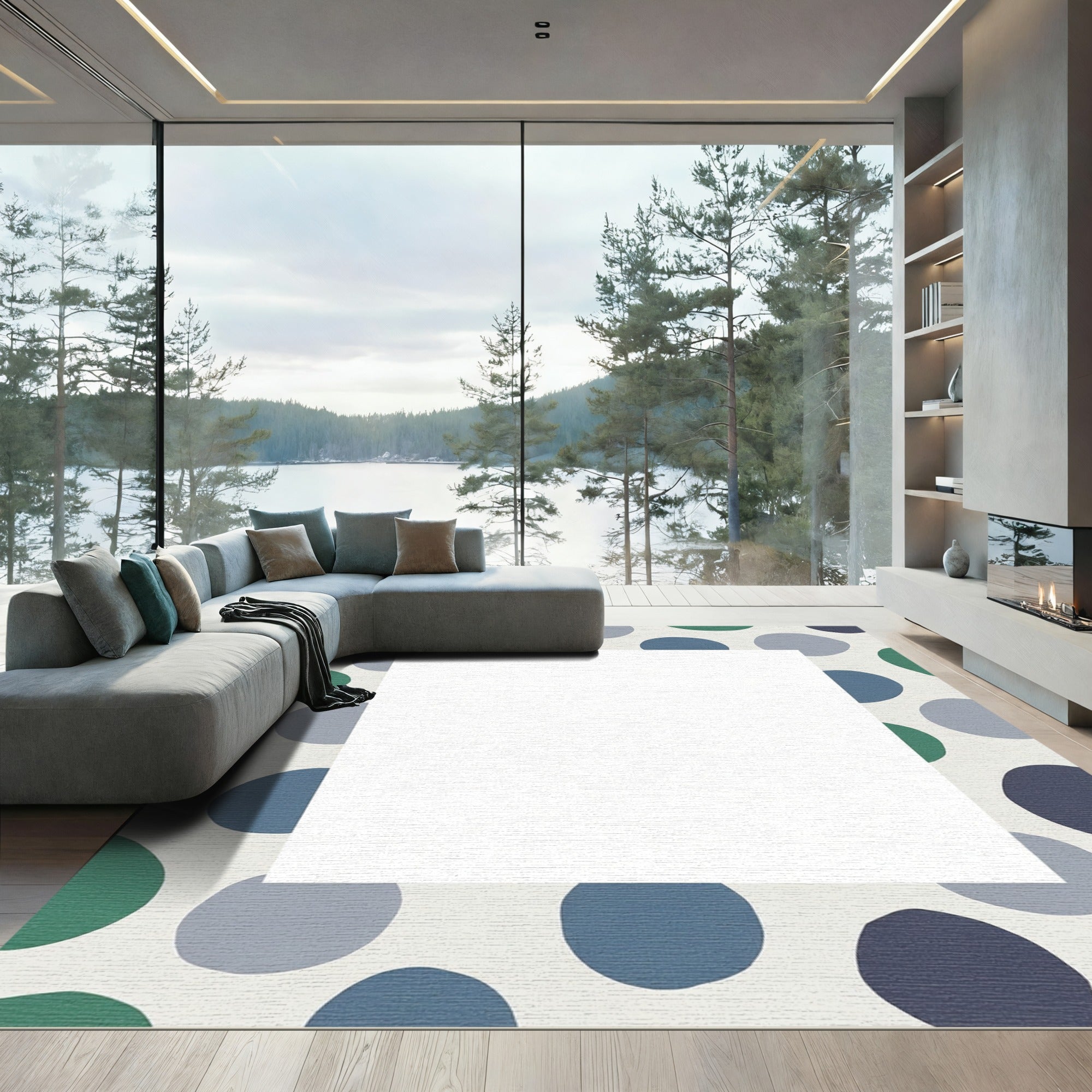 Abstract Teal Blue Grey Circles Rug