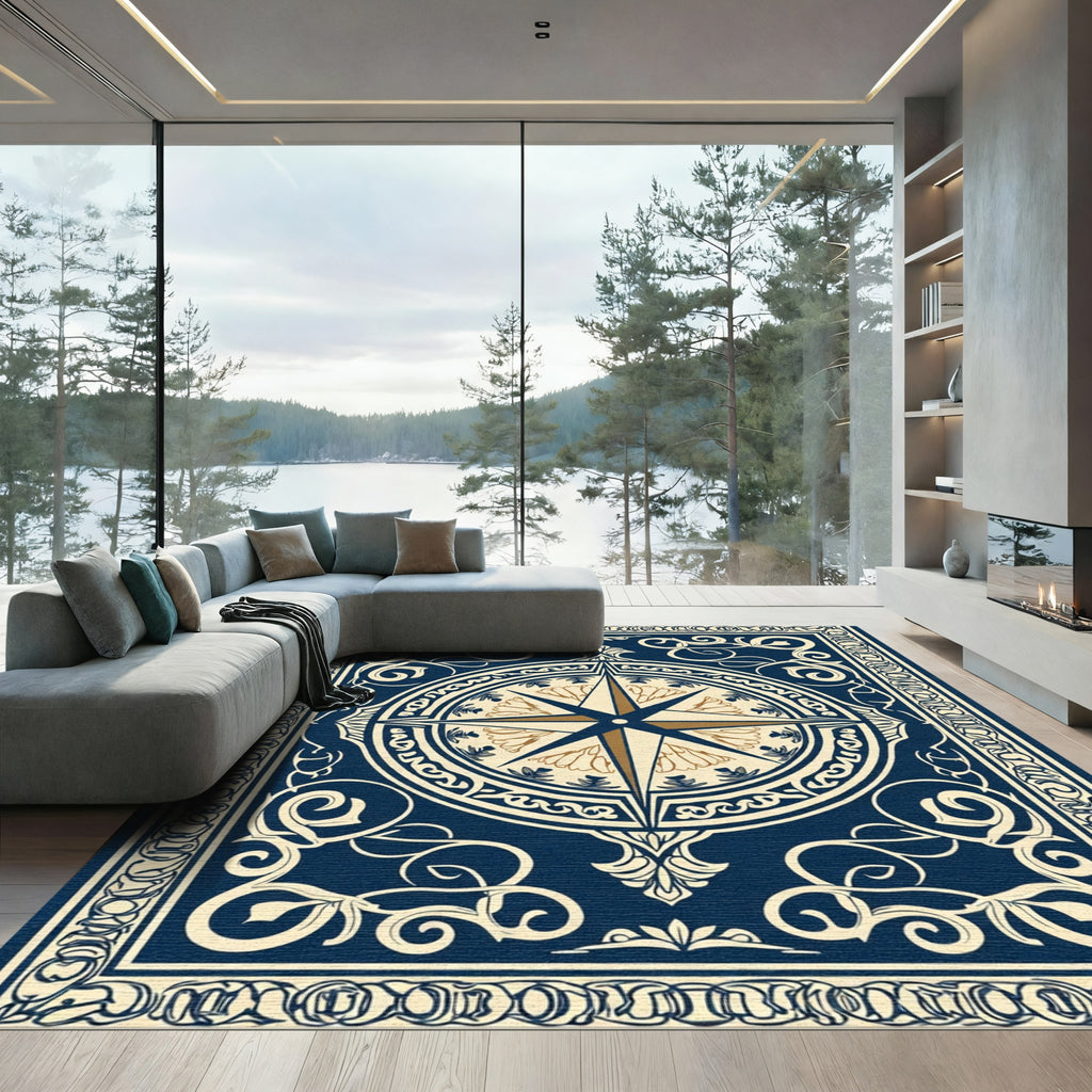 Navy Gold Compass Medallion Border Rug