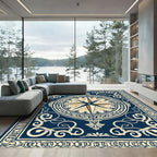 Navy Gold Compass Medallion Border Rug