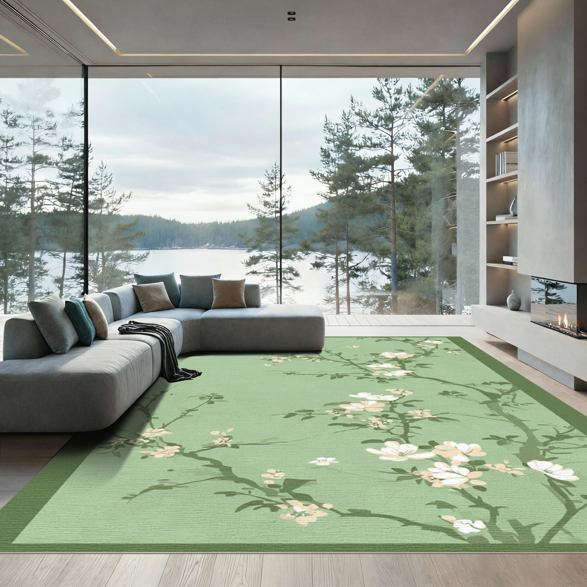 Pastel Sage Green Cherry Blossom Branches Rug